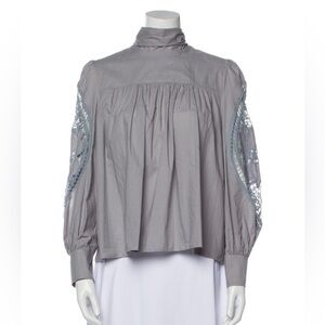 See By Chloe Gray Blouse with lace Sleeves and tie Collar